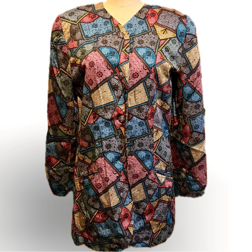 VINTAGE 80s artsy blazer jacket “crazy quilt” moody patchwork print jewel tone
